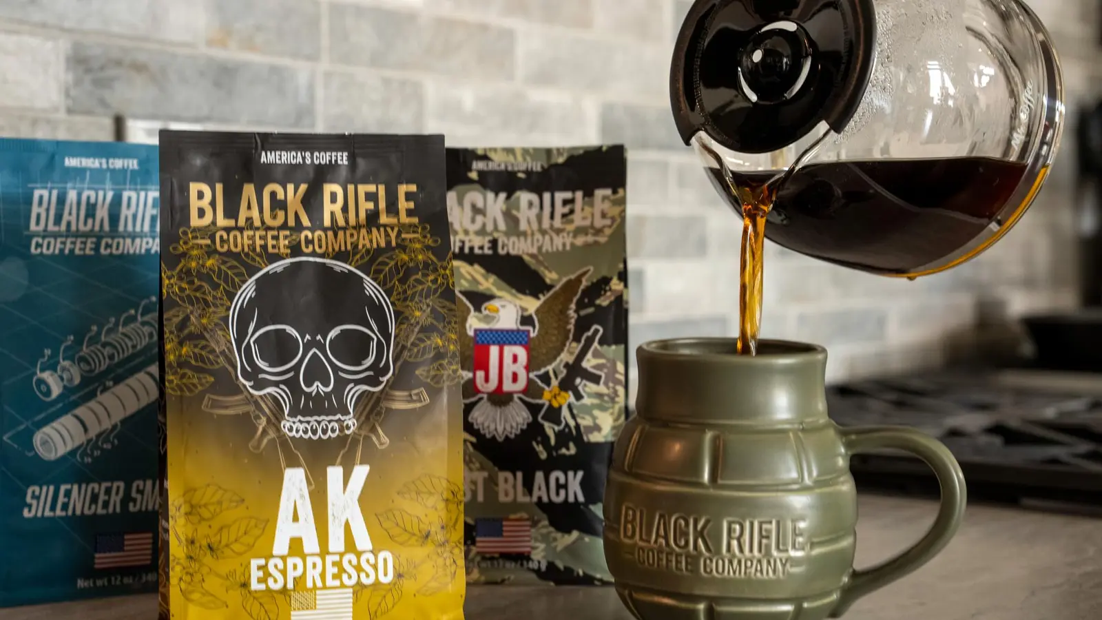Black Rifle AK Espresso Whole Bean shown in a coffee-serving or brewing setting