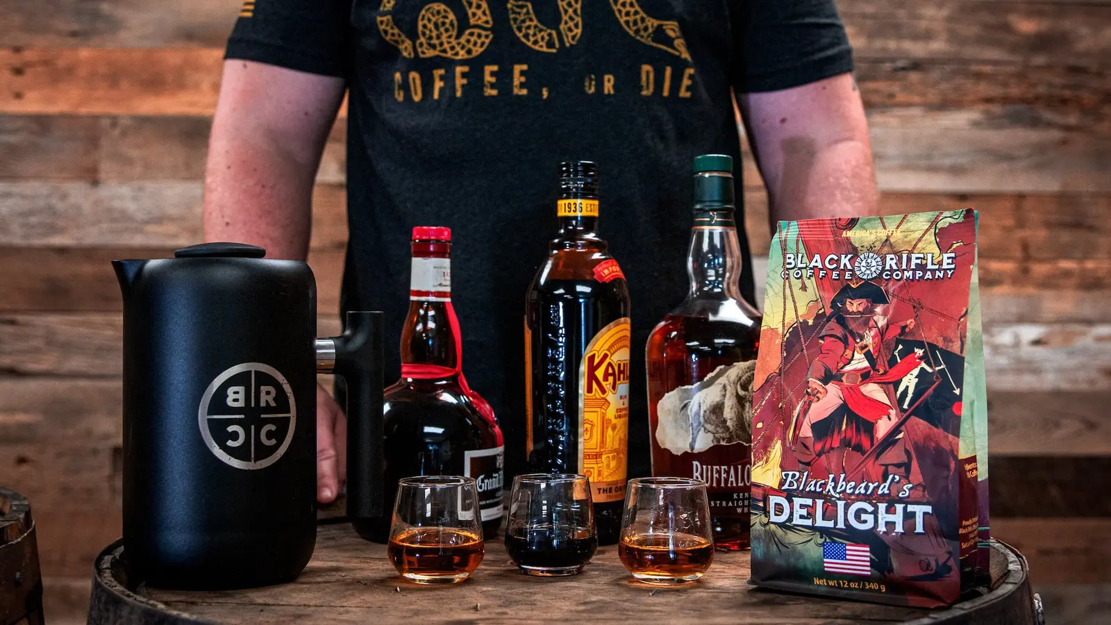 Black Rifle Coffee Blackbeard's Delight Whole Bean shown in a coffee-serving or brewing setting
