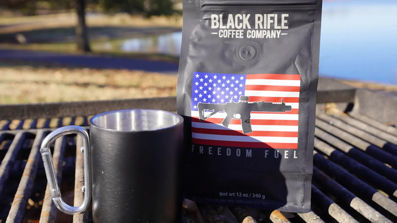 Black Rifle Freedom Fuel Ground Coffee shown in a coffee-serving or brewing setting