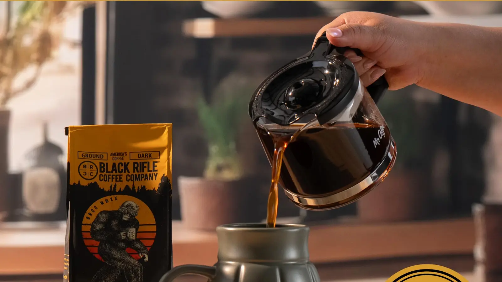 Black Rifle Tactisquatch Ground Coffee shown in a coffee-serving or brewing setting