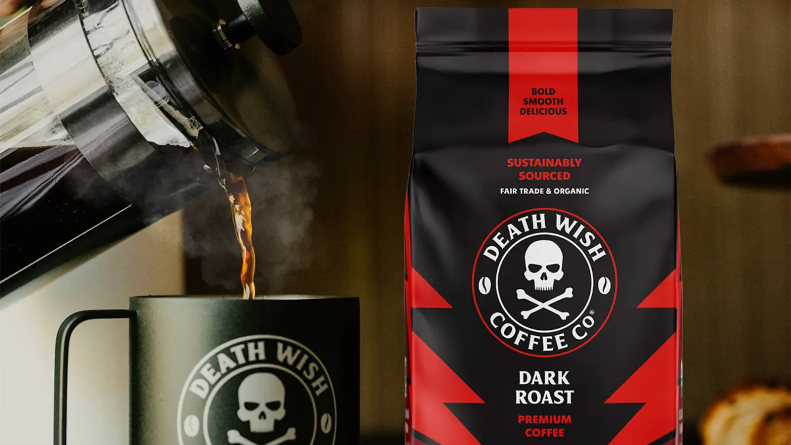 Death Wish Dark Roast Whole Bean shown in a coffee-serving or brewing setting