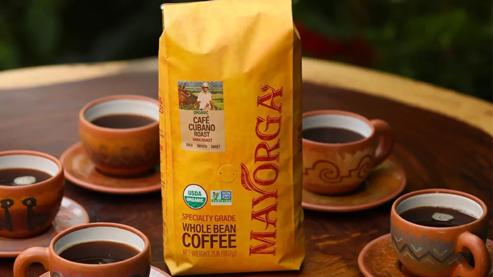 Mayorga Organic Café Cubano Whole Bean shown in a coffee-serving or brewing setting