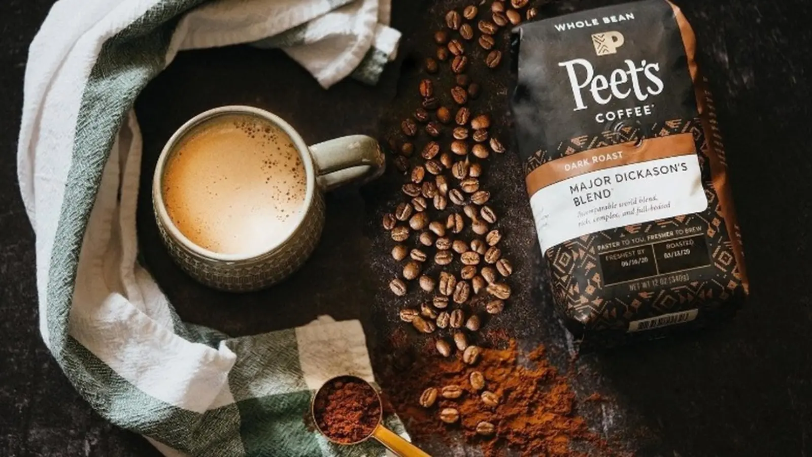 Peet's Major Dickason's Blend Whole Bean shown in a coffee-serving or brewing setting