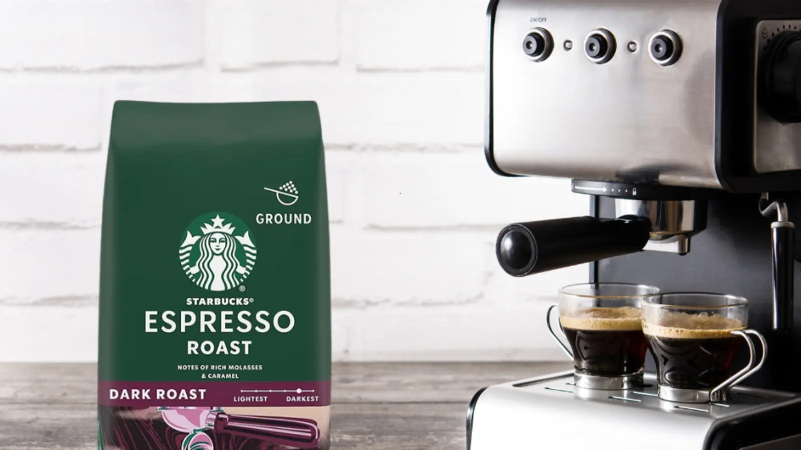 Starbucks Espresso Roast Ground Coffee shown in a coffee-serving or brewing setting