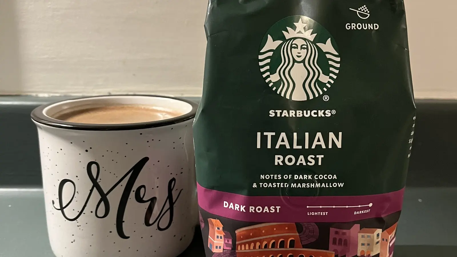 Starbucks Italian Roast Ground Coffee shown in a coffee-serving or brewing setting