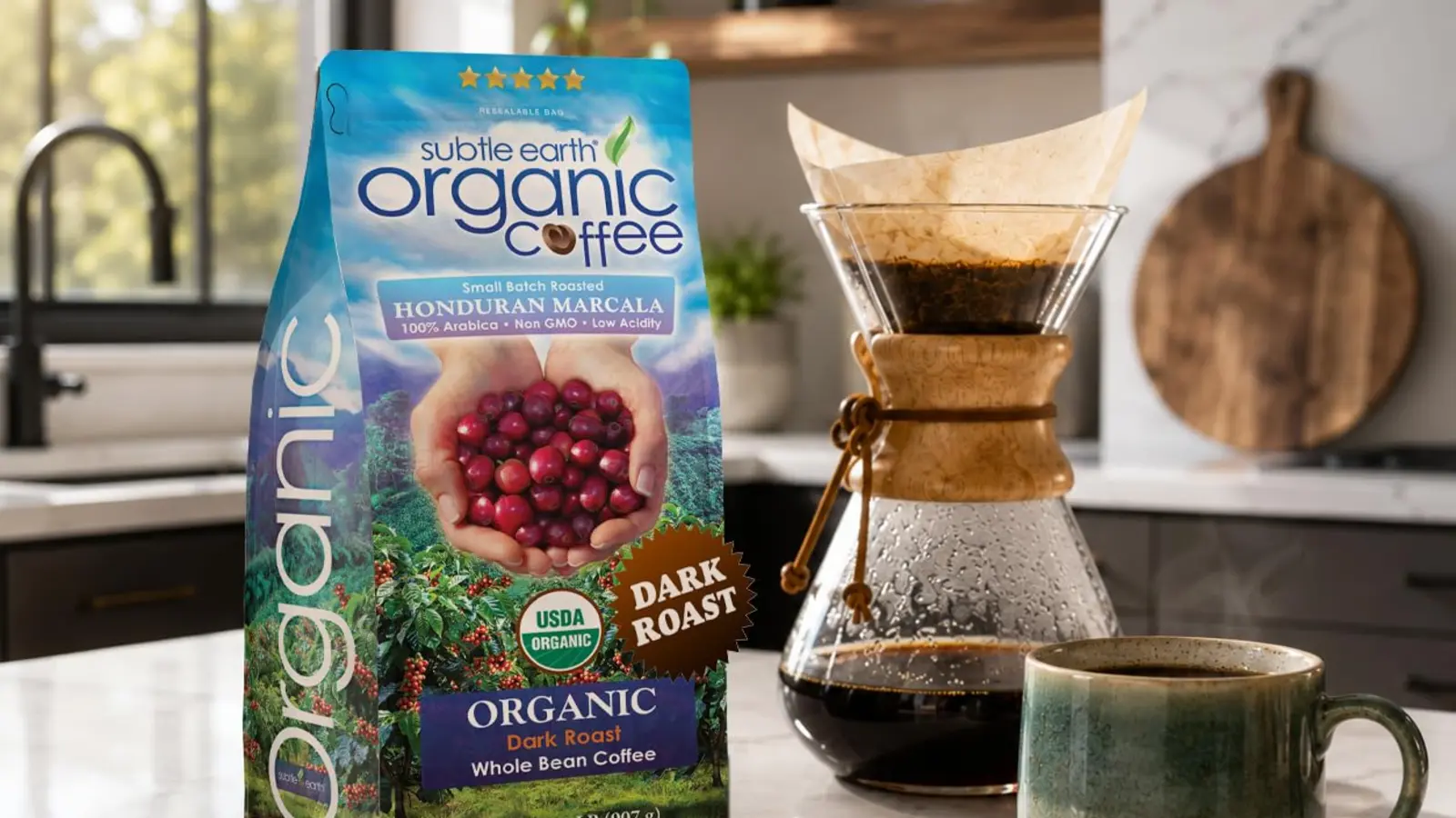 Cafe Don Pablo Subtle Earth Organic Dark Roast shown in a coffee-serving or brewing setting