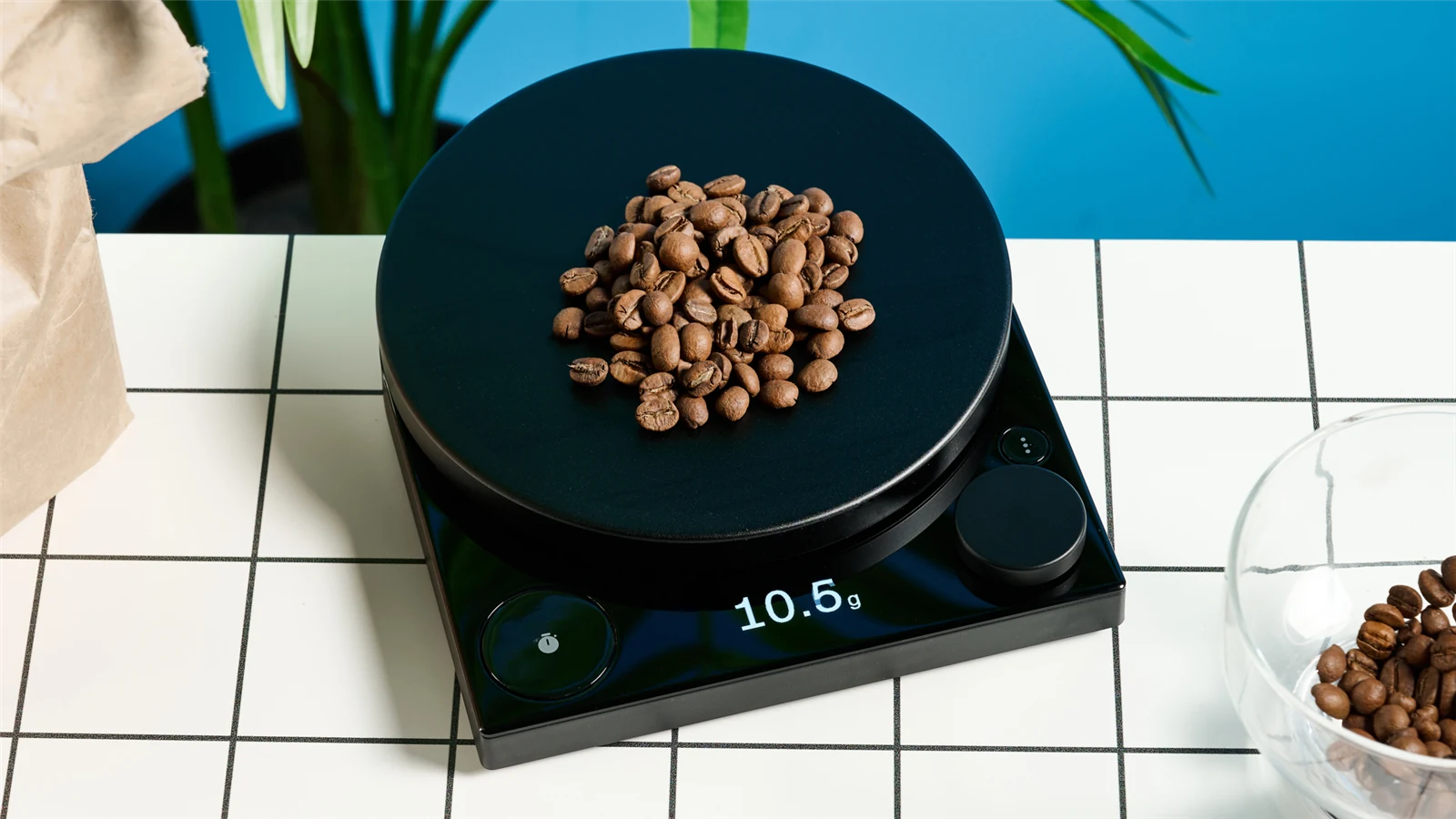 Coffee beans on the removable round pan of a Fellow Tally Pro scale