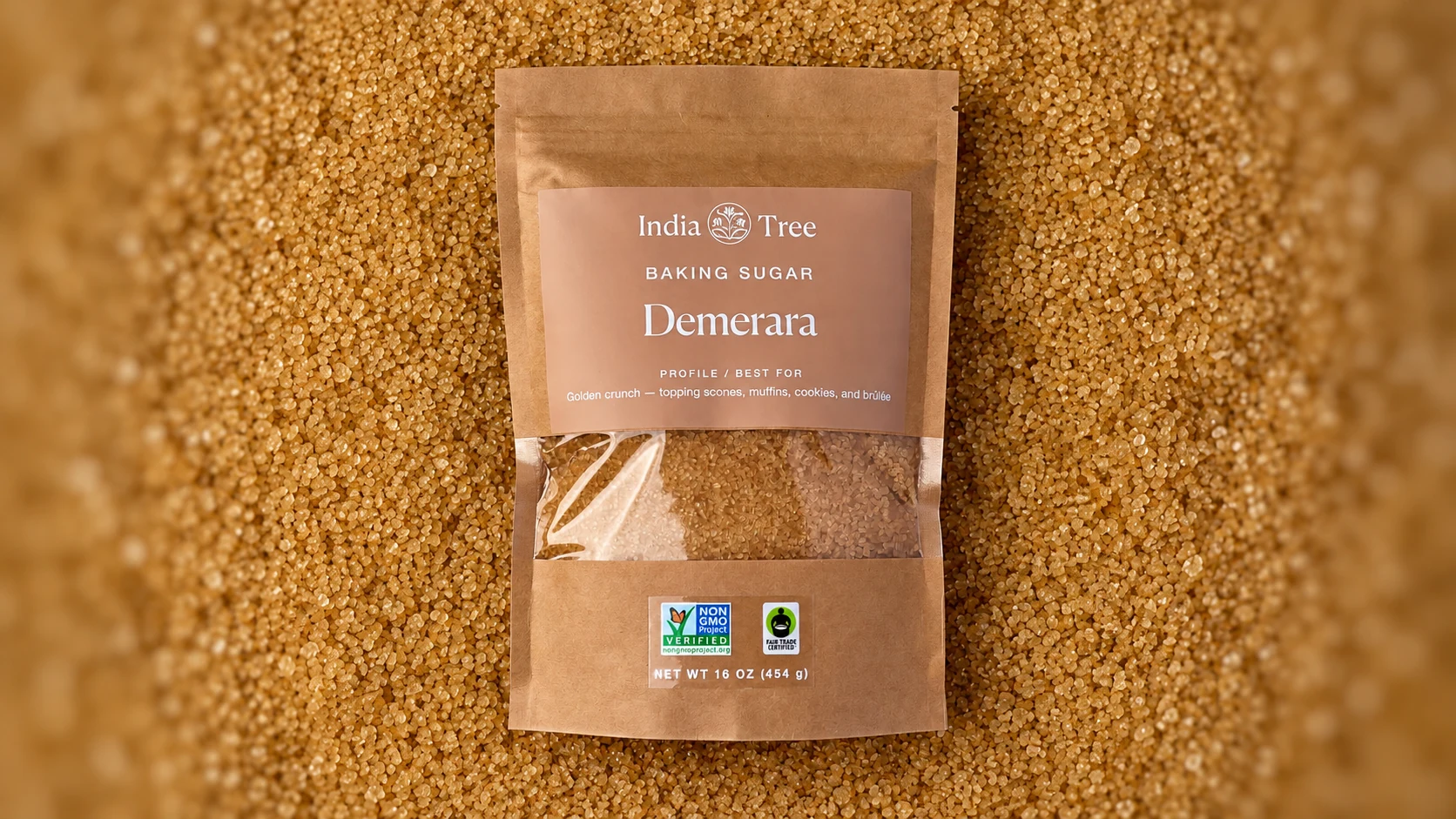 India Tree Demerara pouch surrounded by large golden sugar crystals