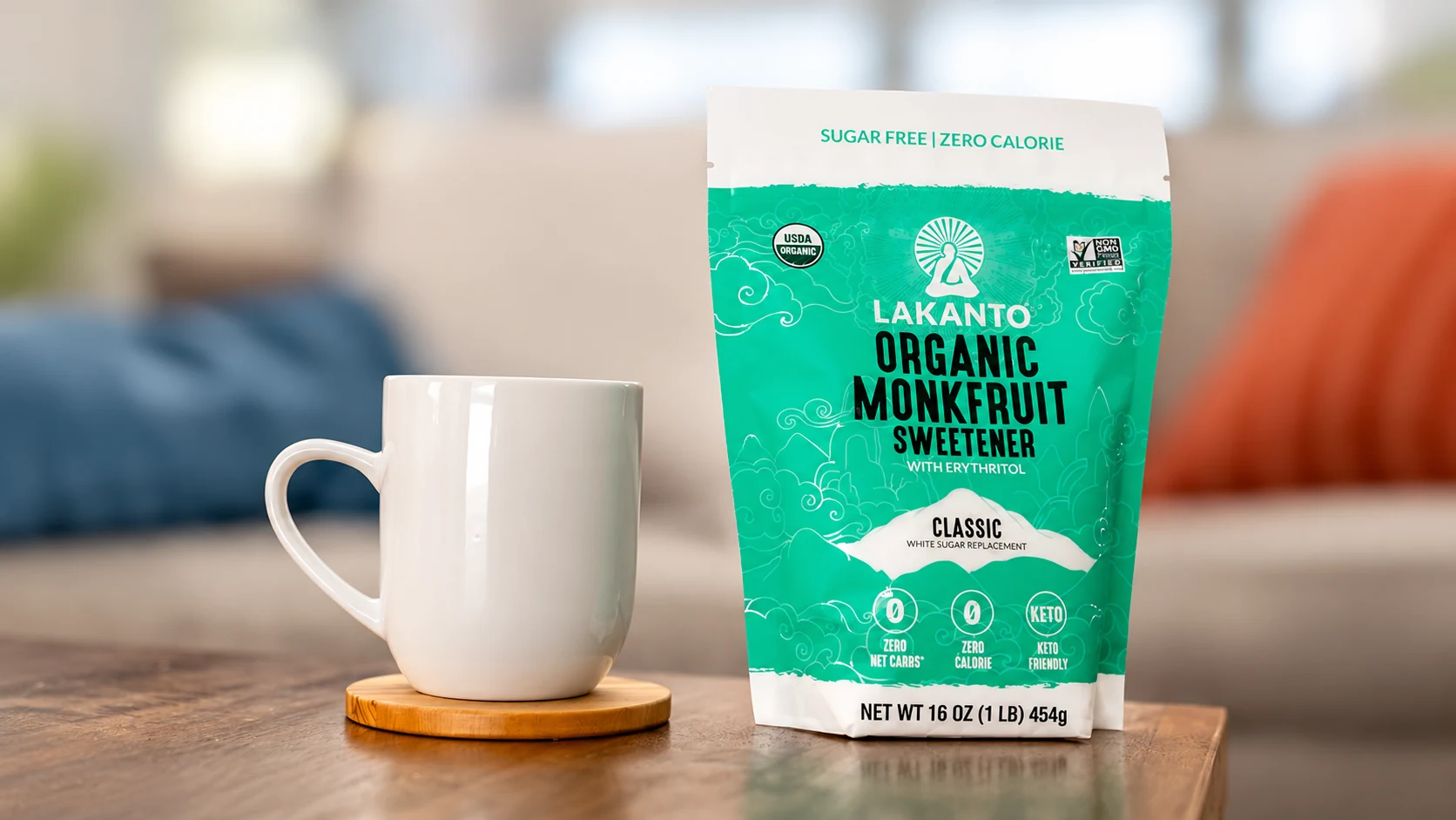 An earlier one-pound Organic Classic bag beside coffee illustrates the erythritol blend. The linked selection is three pounds.