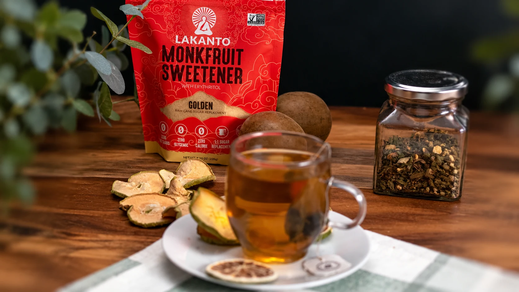 Golden sweetener beside tea and cookies illustrates the granulated format. The linked purchase is the three-pound bag.