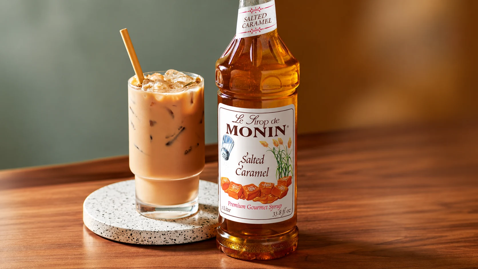Monin Salted Caramel syrup beside an iced coffee on a wooden counter