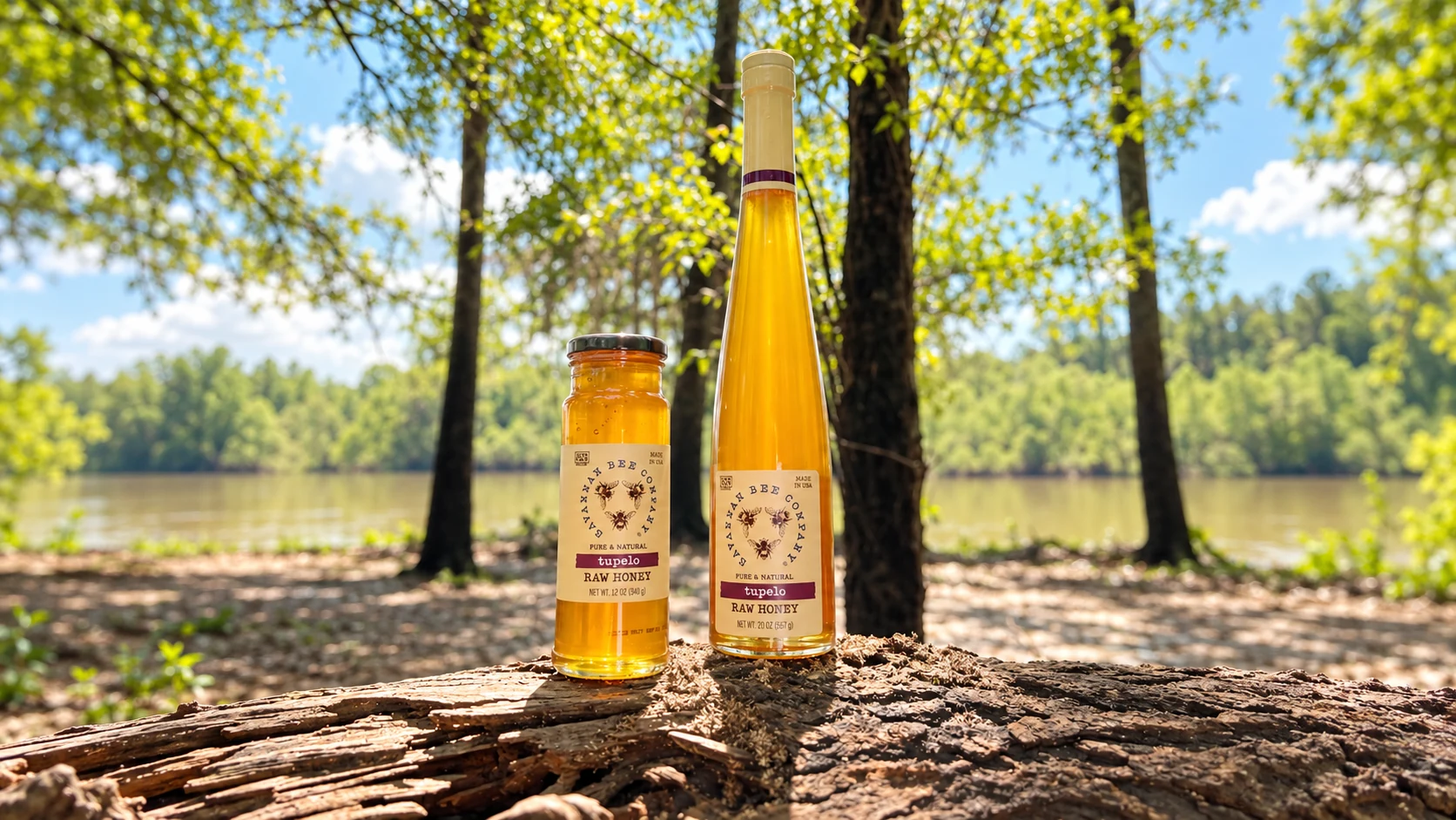 Savannah Bee Tupelo honey jar and larger bottle on an outdoor wooden surface