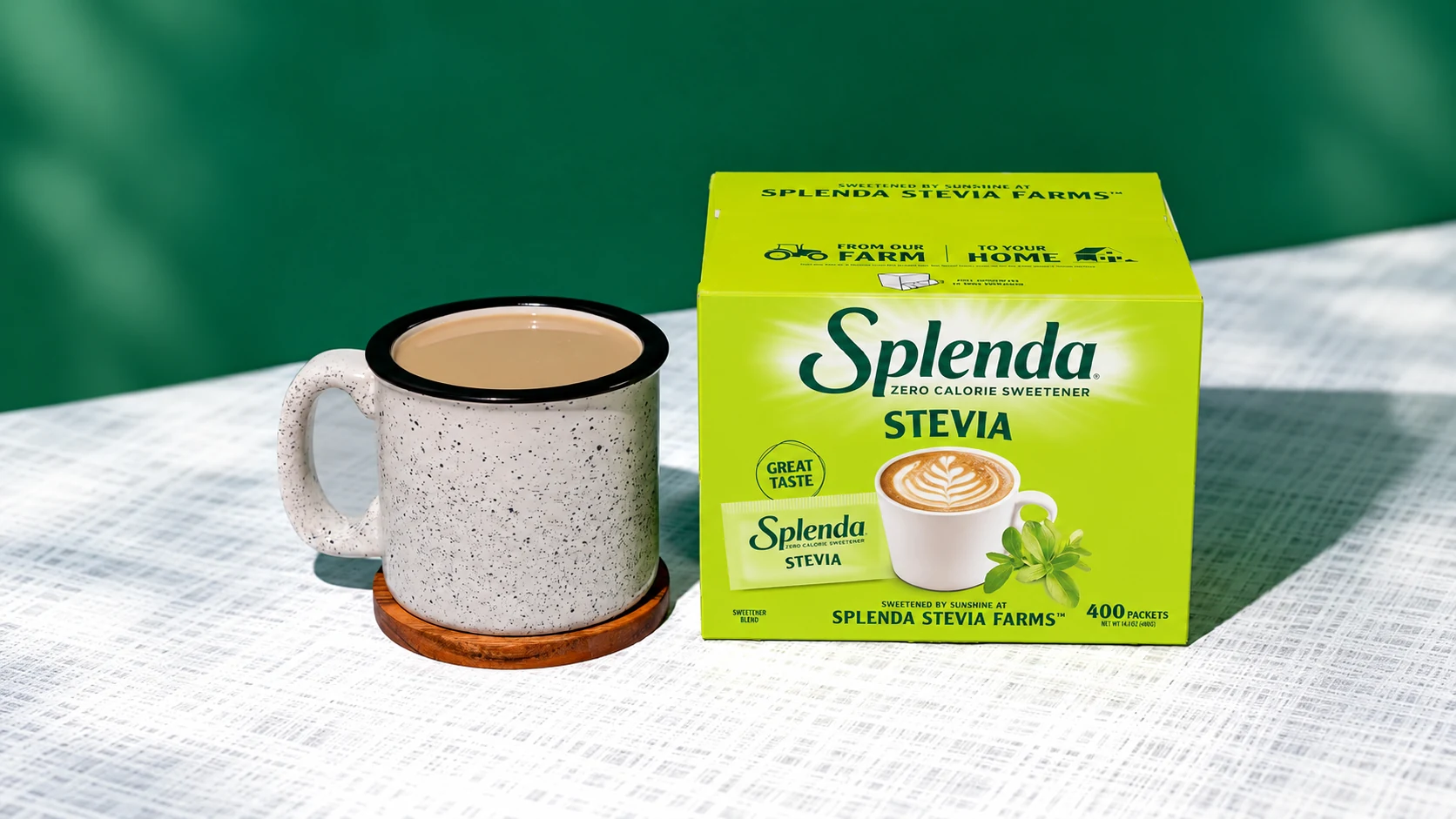 The 400-packet Stevia box beside coffee shows the selected coffee-station format.