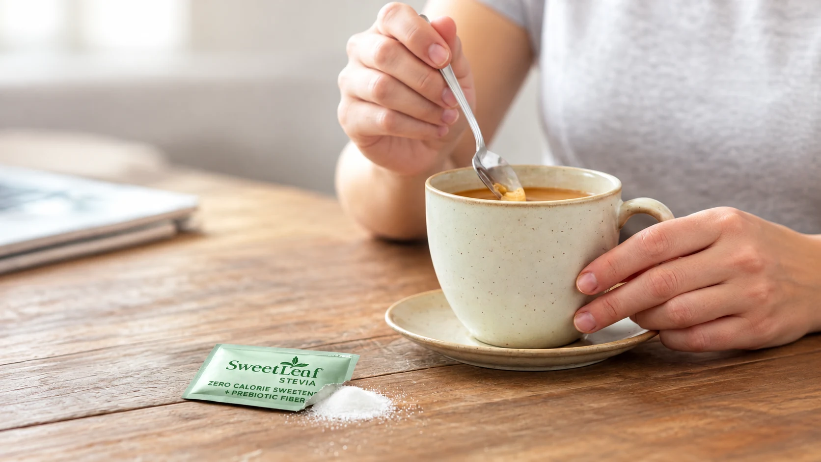 Hands holding a coffee and a green SweetLeaf stevia packet