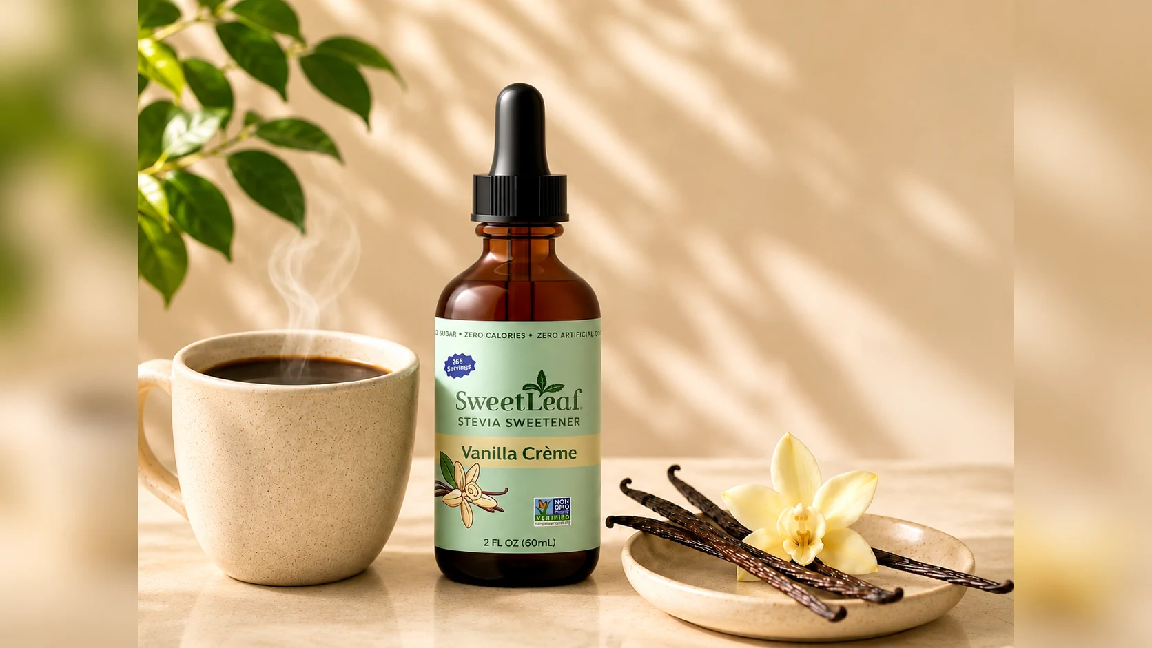 SweetLeaf Vanilla Crème drops beside a cup of coffee and vanilla pods