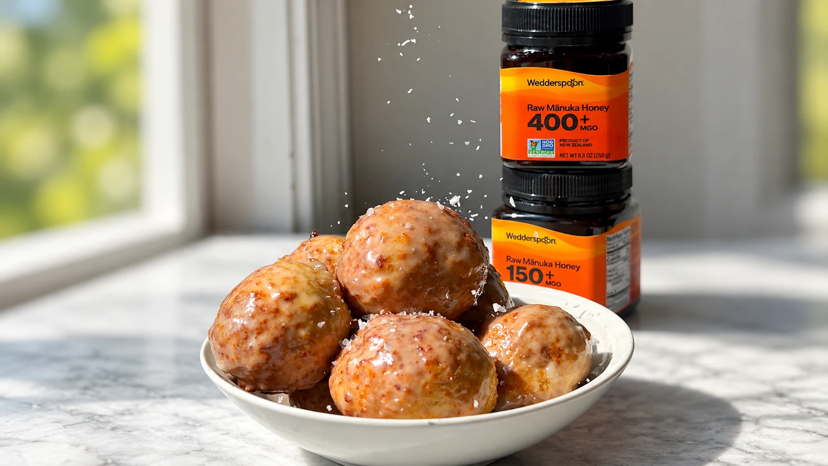 MGO 150+ honey beside muffins shows another use for the jar; a separate MGO 400+ jar is also pictured.