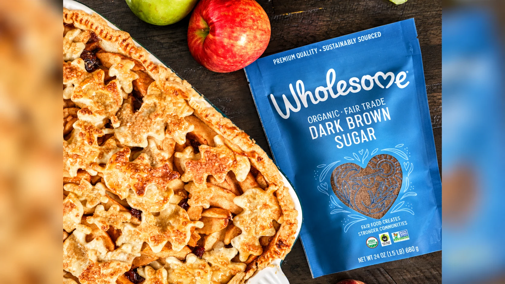 Wholesome dark brown sugar beside an apple pie