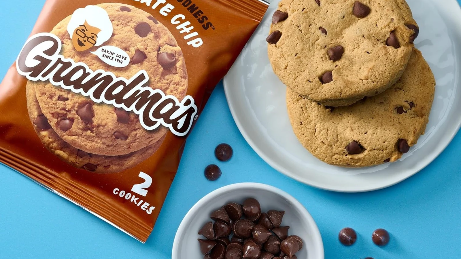 Grandma's chocolate chip cookies on a plate beside the package