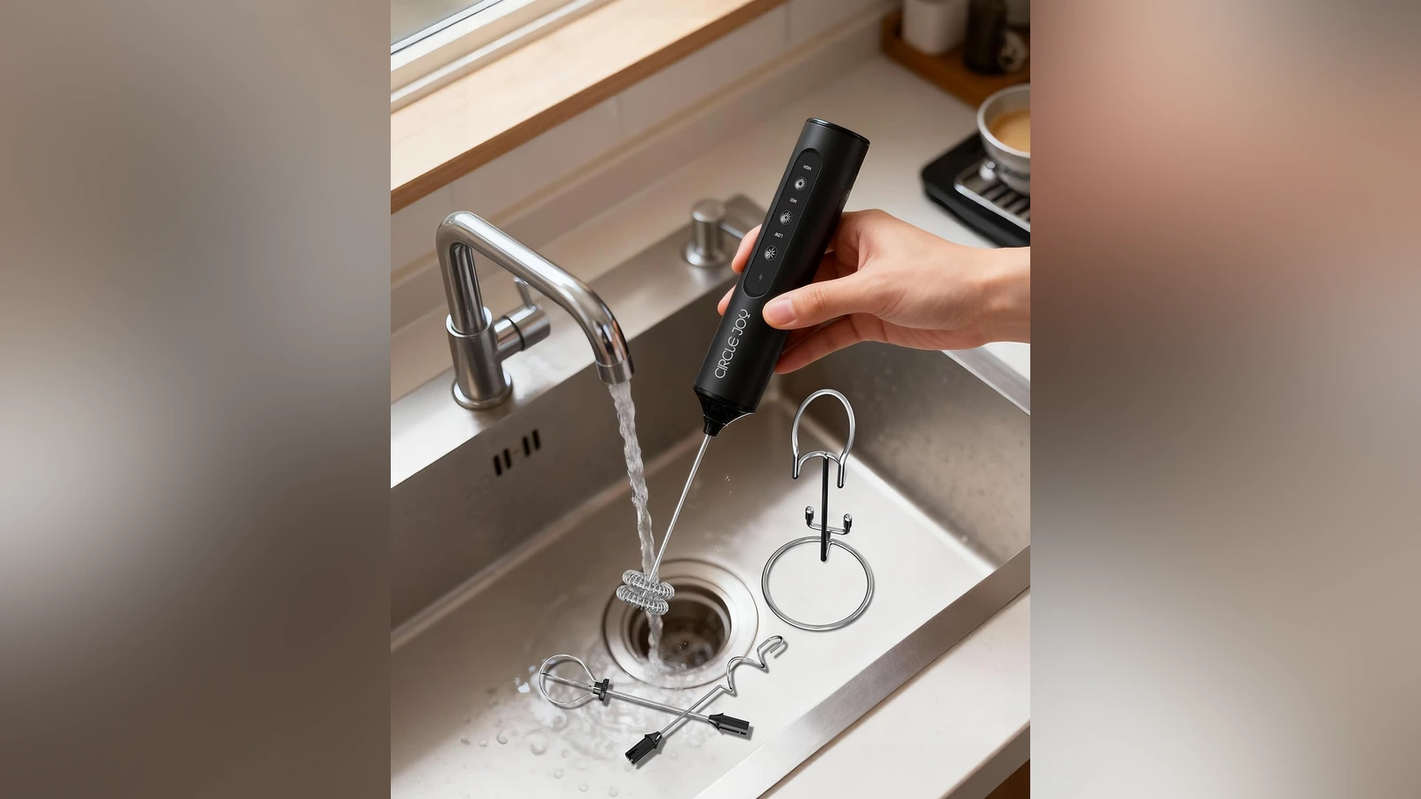 Black CIRCLE JOY frother beside a sink with its stand and detachable heads