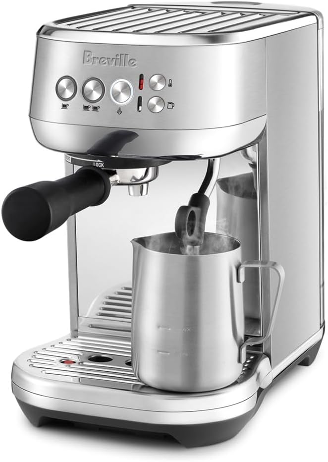 Breville Bambino Plus compact espresso machine with automatic steam wand frothing milk pitcher