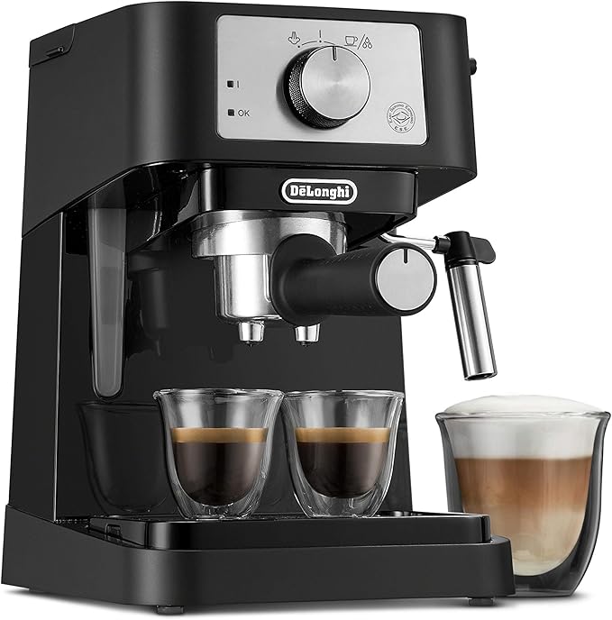 De'Longhi Stilosa EC260BK compact black and stainless espresso machine on kitchen counter