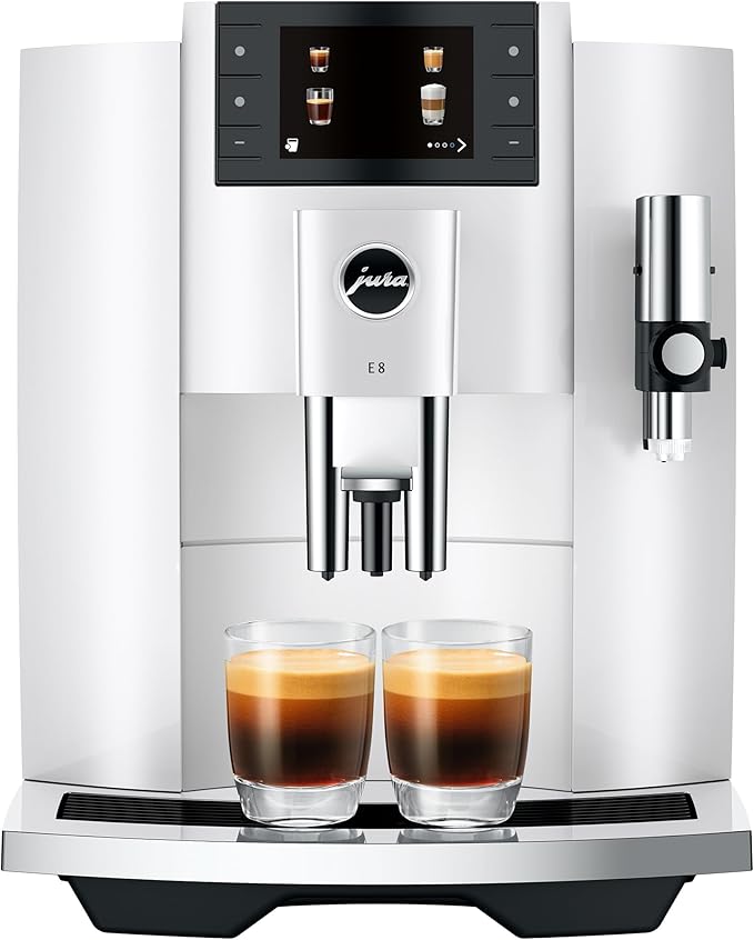 Jura E8 premium super-automatic espresso machine in piano white finish making a latte macchiato