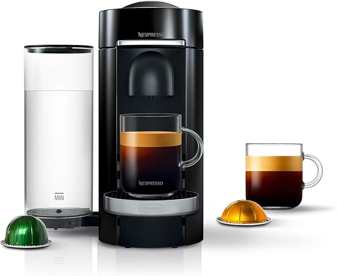 Nespresso VertuoPlus Deluxe capsule coffee and espresso machine with cup of coffee