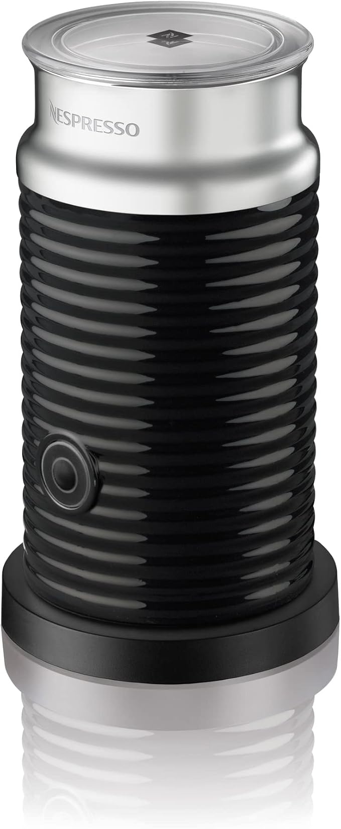 Nespresso Aeroccino 3 compact black milk frother on a small base