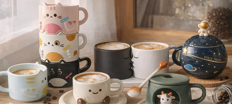 Cute novelty coffee mug set on a kitchen table, featuring cat-stacked mugs, smiling cups, and a space-themed mug with coffee drinks.
