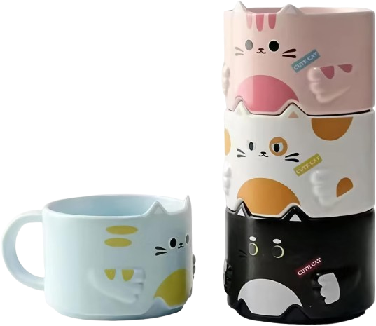 Mualuwi stackable ceramic cat mug set of four