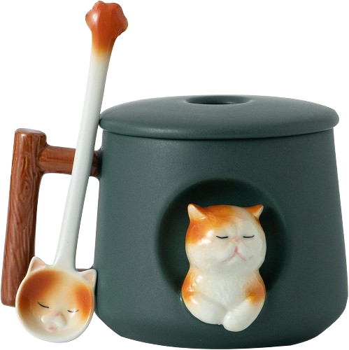 DIHOclub 3D ceramic cat mug with lid and spoon in green