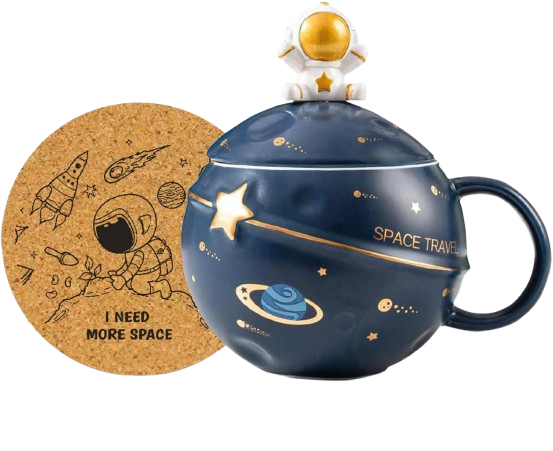 Yalucky astronaut planet mug set with lid and coaster (dark blue)