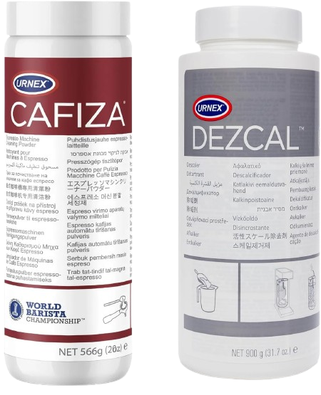 Urnex Cafiza cleaning powder and Dezcal descaler kit for espresso machine maintenance
