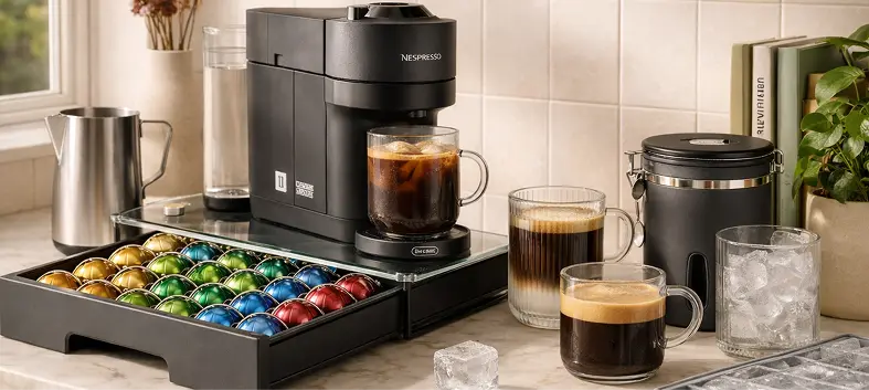 Minimal Nespresso coffee setup on a kitchen counter with capsule organizer, iced coffee in glass cups, milk frothing pitcher, and ice tray.