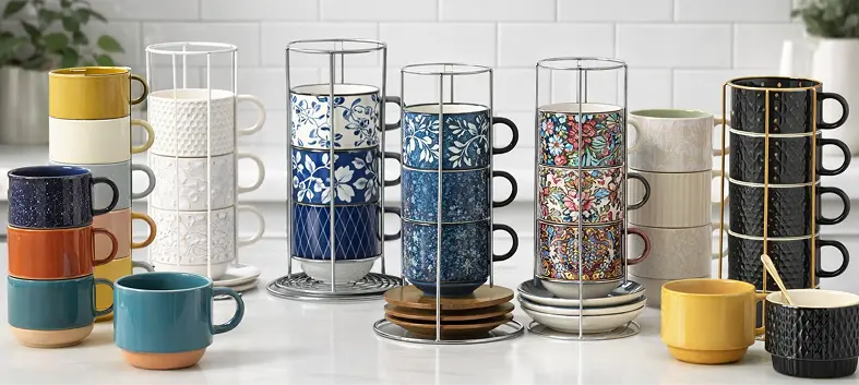 Stackable espresso cup sets with metal stands on a kitchen counter, showing colorful ceramic demitasse cups and matching saucers.
