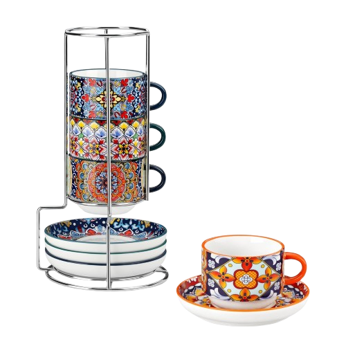 Colorful bohemian stackable coffee cups with metal stand and matching dishes