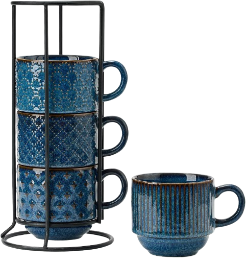 White embossed stackable coffee cups with stand and matching saucers