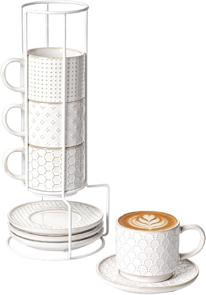 Black textured stackable coffee cups with gold stand