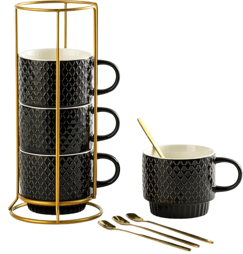 Blue stoneware stackable coffee mugs with stand