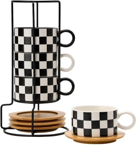 Blue and white stackable espresso cups with saucers and metal stand