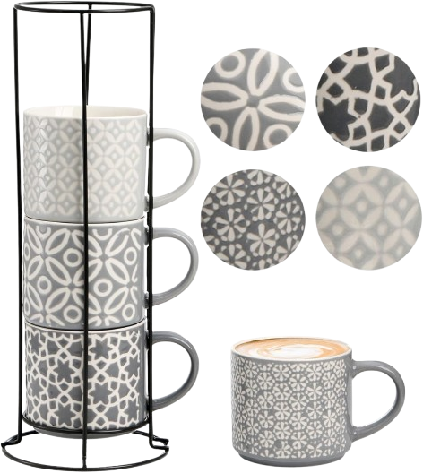 Gray patterned stackable coffee mugs with stand