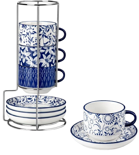 Colorful stackable coffee cups with stand and matching saucers