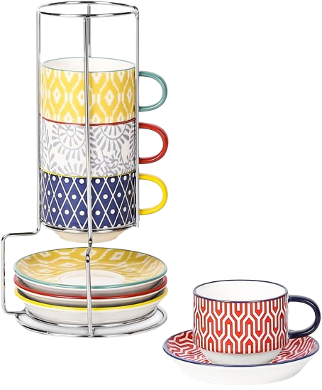 Black and white checkerboard stackable coffee cups with bamboo saucers and stand