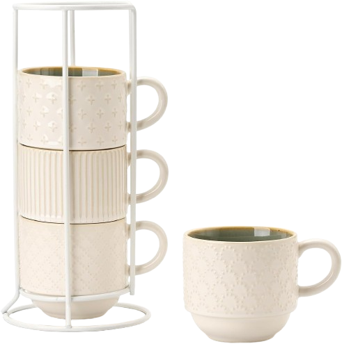 Cream embossed stackable coffee mugs with stand in soft neutral tones